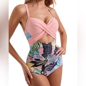 Women's V Neck One Piece Retro Print Push Up Swimsuit Monokini NWOT Size M